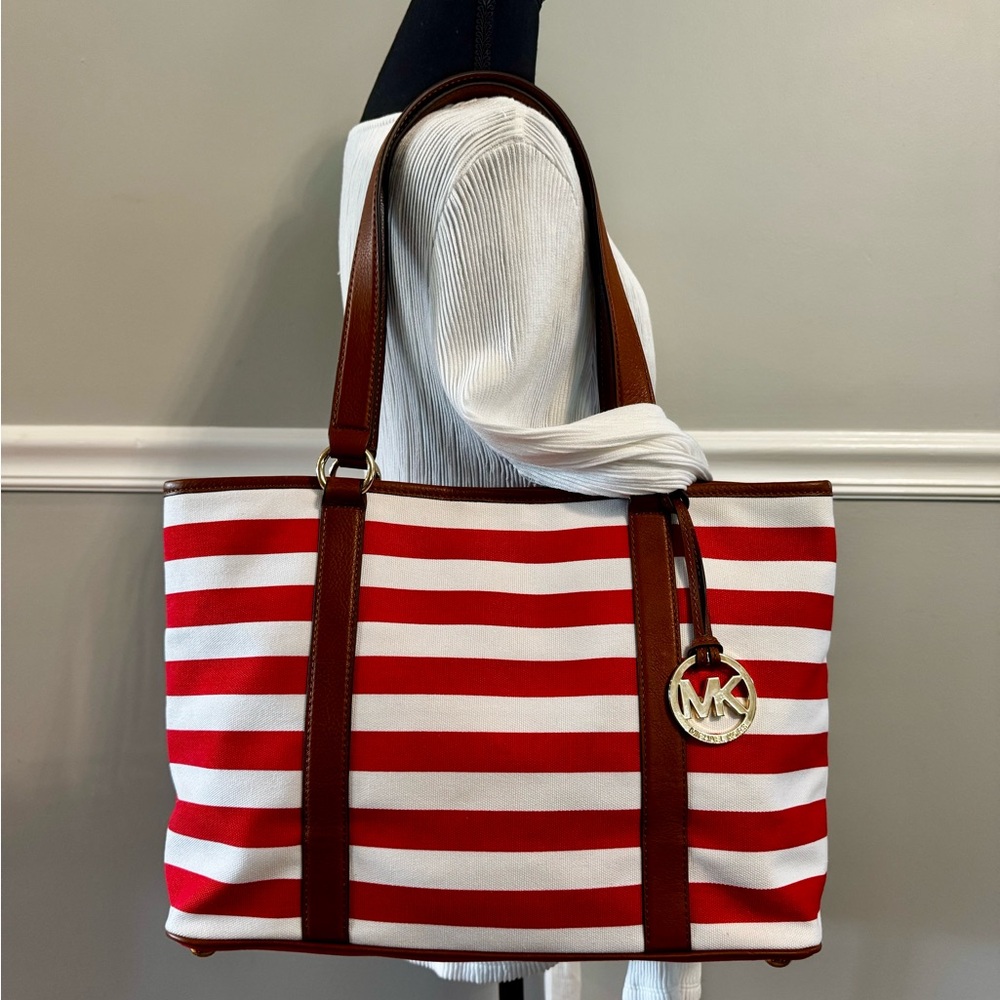 Michael Kors Tri-Color Canvas and Leather Striped Nautical Tote Bag